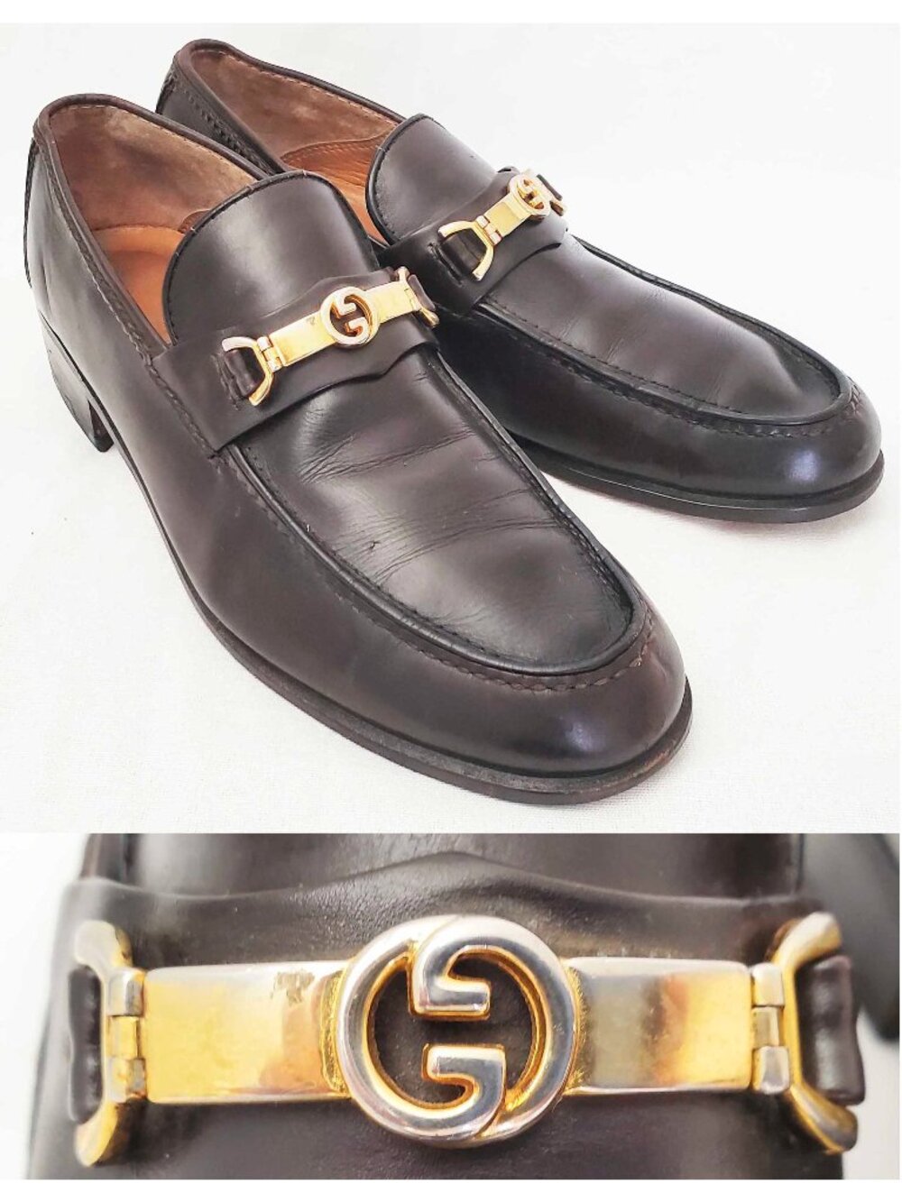 Vintage Gucci Men's Dark Brown Leather Loafers Shoes with Gold GG Buckle 42.5
